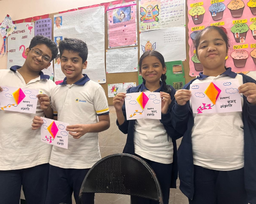 Colorful Pop-Up kite greeting cards were made by students on the occasion of Makar Sankranti.